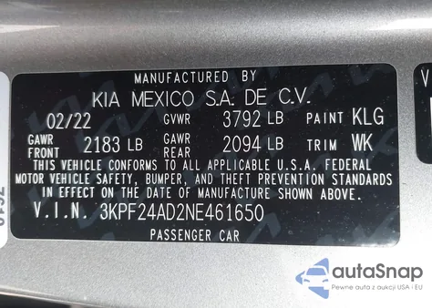 2022 Kia Forte Lxs from USA, damaged, VIN 3KPF24AD2NE461650